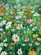 Impressionistic painting of a lush wildflower meadow with green foliage and blossoms in white, pink, yellow, orange, and purple.