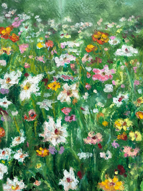 Impressionistic painting of a lush wildflower meadow with green foliage and blossoms in white, pink, yellow, orange, and purple.