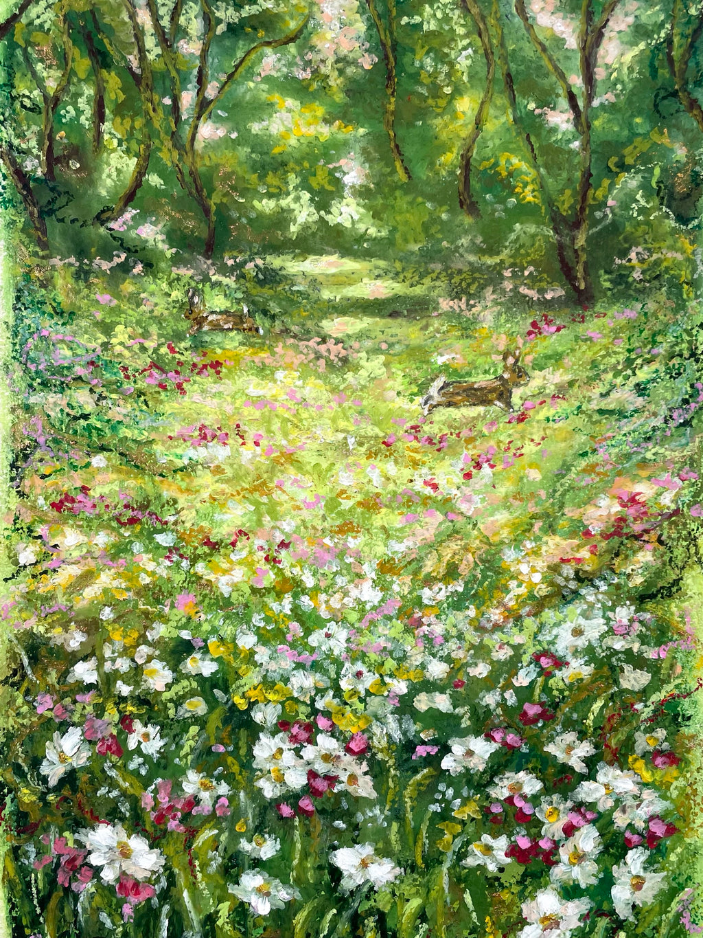 Impressionistic oil pastel painting of a sunlit woodland meadow filled with white, pink, yellow, and purple wildflowers, with trees, two rabbits and green foliage in the background.