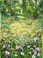 Impressionistic oil pastel painting of a sunlit woodland meadow filled with white, pink, yellow, and purple wildflowers, with trees, two rabbits and green foliage in the background.