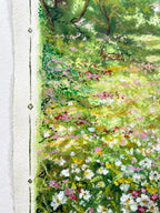 A close-up of an oil pastel painting depicting a lush green meadow filled with white, pink, and yellow wildflowers, with textured paper borders visible on the left side.