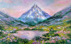 Impressionistic landscape painting of a snow-capped mountain peak rising above a meadow with pink flowers and a reflective lake under a pastel sky.