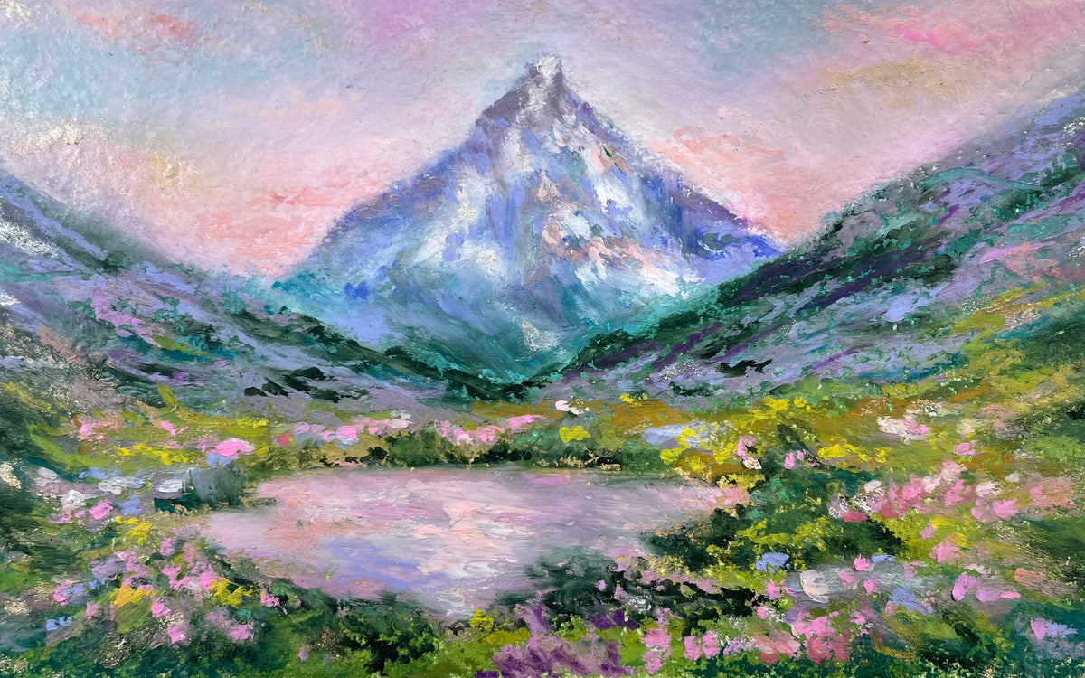 Impressionistic landscape painting of a snow-capped mountain peak rising above a meadow with pink flowers and a reflective lake under a pastel sky.