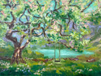 Impressionistic oil painting of a large leafy tree with a swing in a grassy park by a turquoise lake, rendered in green, blue, pink, and brown brushstrokes.