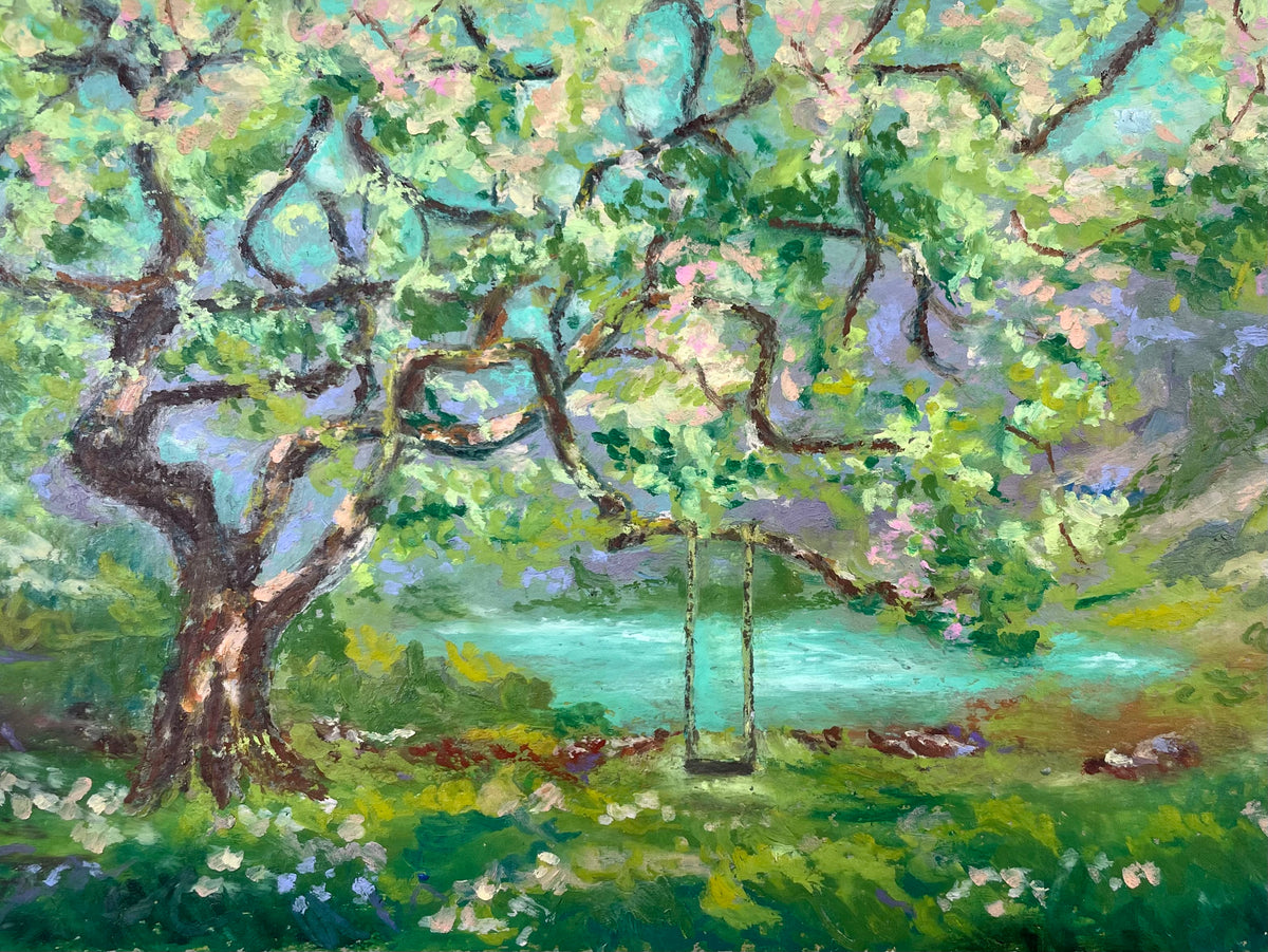 Impressionistic oil painting of a large leafy tree with a swing in a grassy park by a turquoise lake, rendered in green, blue, pink, and brown brushstrokes.