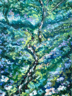 Impressionistic oil pastel painting of a stream winding through dense green foliage with blue, purple, and white flowers.