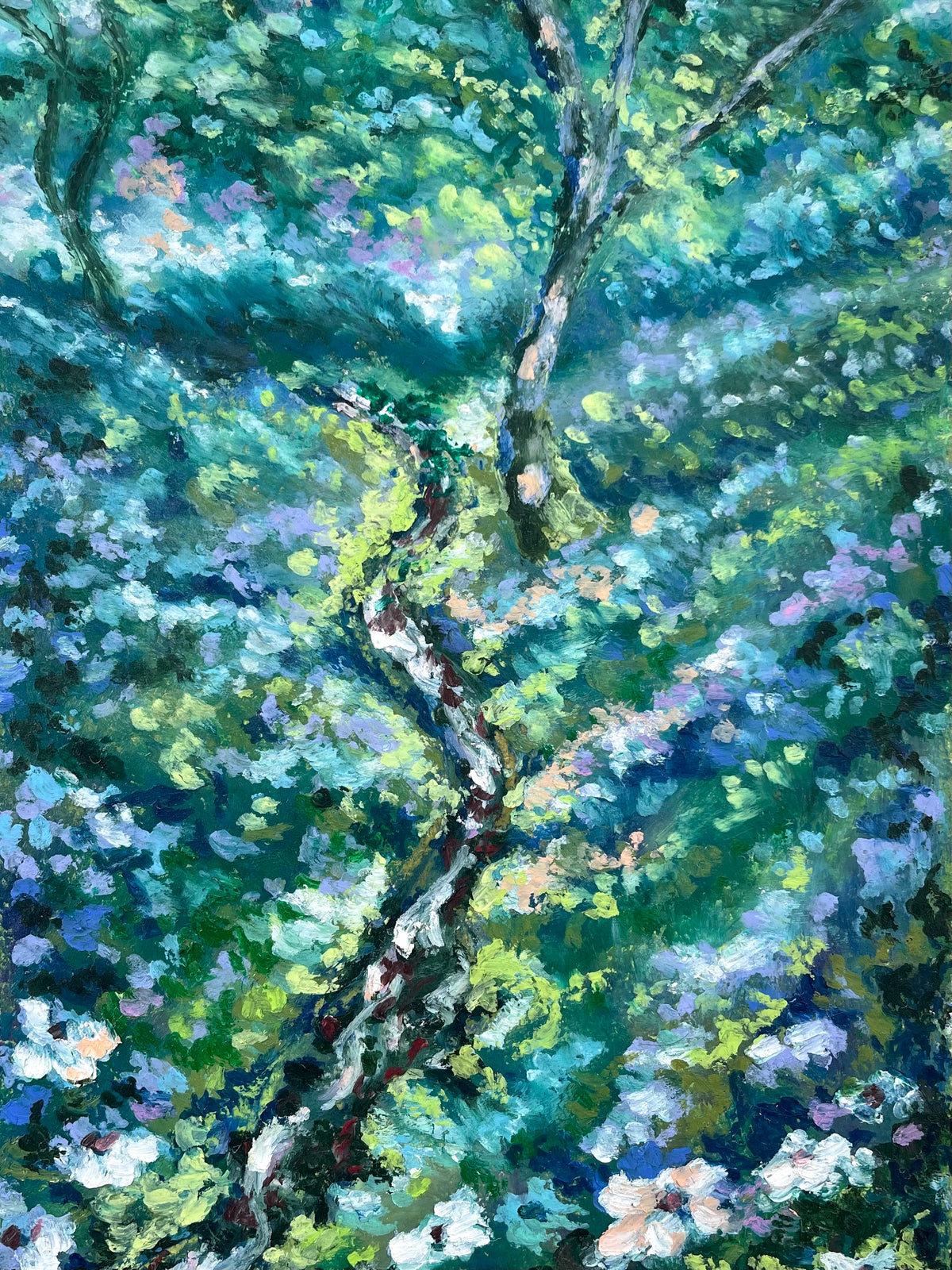 Impressionistic oil pastel painting of a stream winding through dense green foliage with blue, purple, and white flowers.