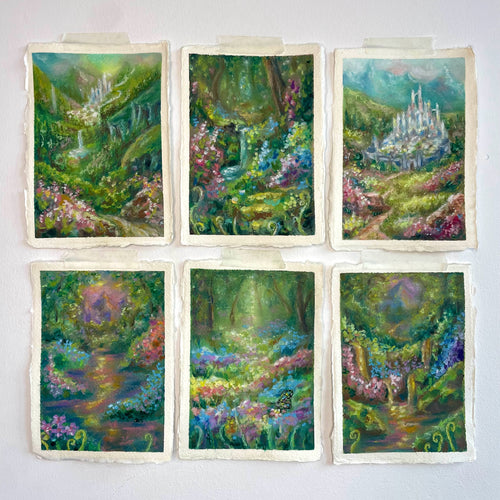 Gallery wall of six whimsical mini original oil pastel paintings featuring fairytale forests, waterfalls, castles, rivers, lush foliage, and colourful magical woodland scenery.