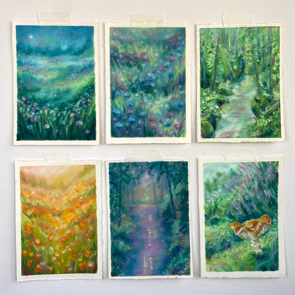 Gallery wall of six magical mini oil pastel nature paintings featuring colourful flora, glowing light, rich textures, and dreamy fairytale-inspired landscapes.