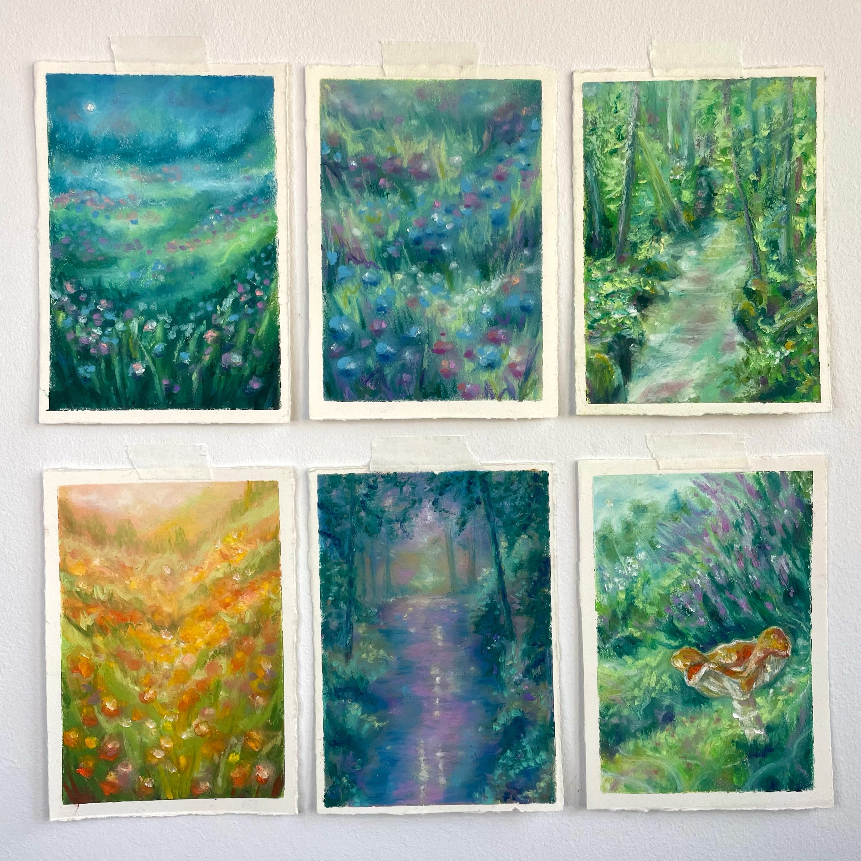 Gallery wall of six magical mini oil pastel nature paintings featuring colourful flora, glowing light, rich textures, and dreamy fairytale-inspired landscapes.