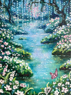 Cropped view of whimsical oil pastel enchanted forest landscape featuring blue river, wildflowers, and soft impressionist nature textures.