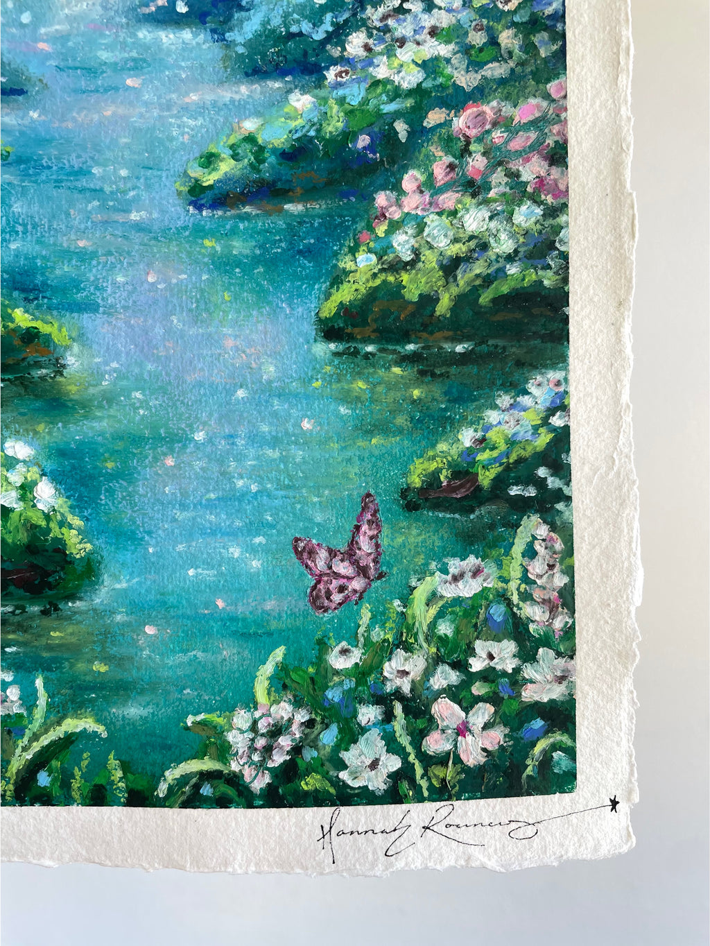 Detail of whimsical oil pastel enchanted forest painting showing butterfly near wildflowers with artist signature in the bottom right corner.