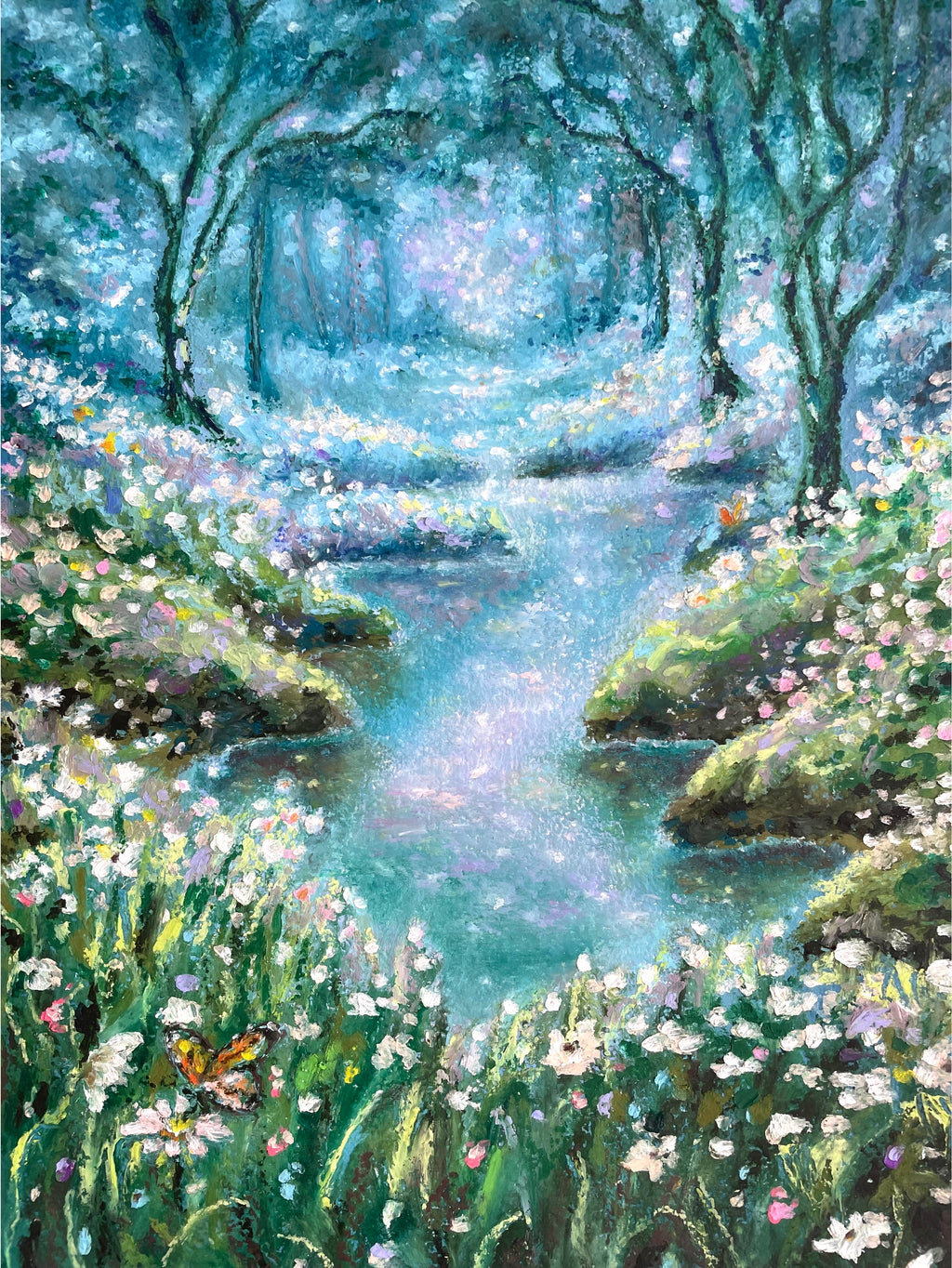 Cropped view of enchanted forest oil pastel painting featuring mystical stream, wildflowers, and dreamy impressionist landscape composition.