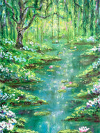 Cropped view of enchanted forest landscape painting highlighting trees, foliage, and textured oil pastel blending.