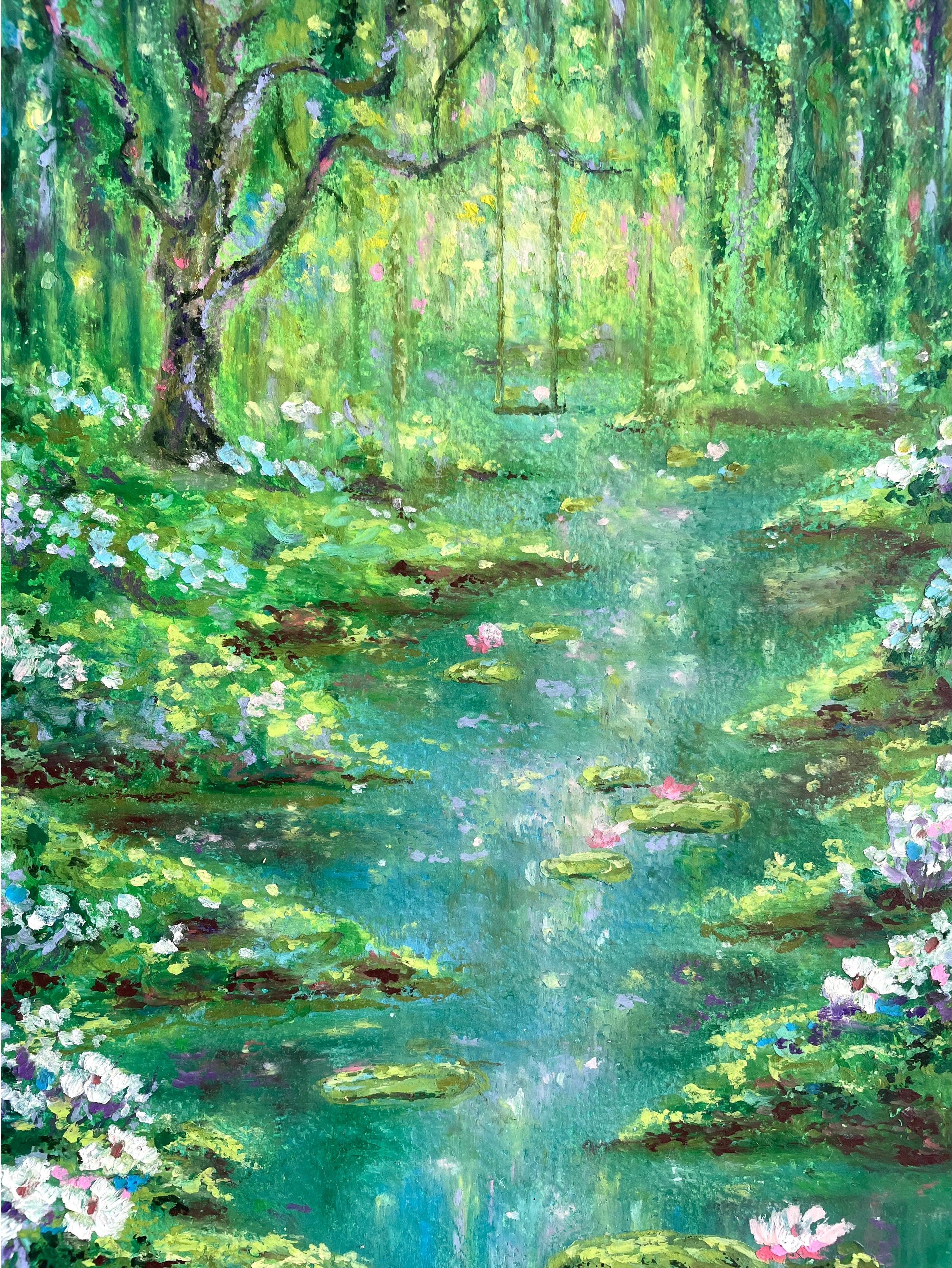 Cropped view of enchanted forest landscape painting highlighting trees, foliage, and textured oil pastel blending.