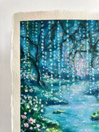 Detail of whimsical oil pastel enchanted forest landscape showing flowing river, wildflowers, and soft atmospheric blue forest tones.