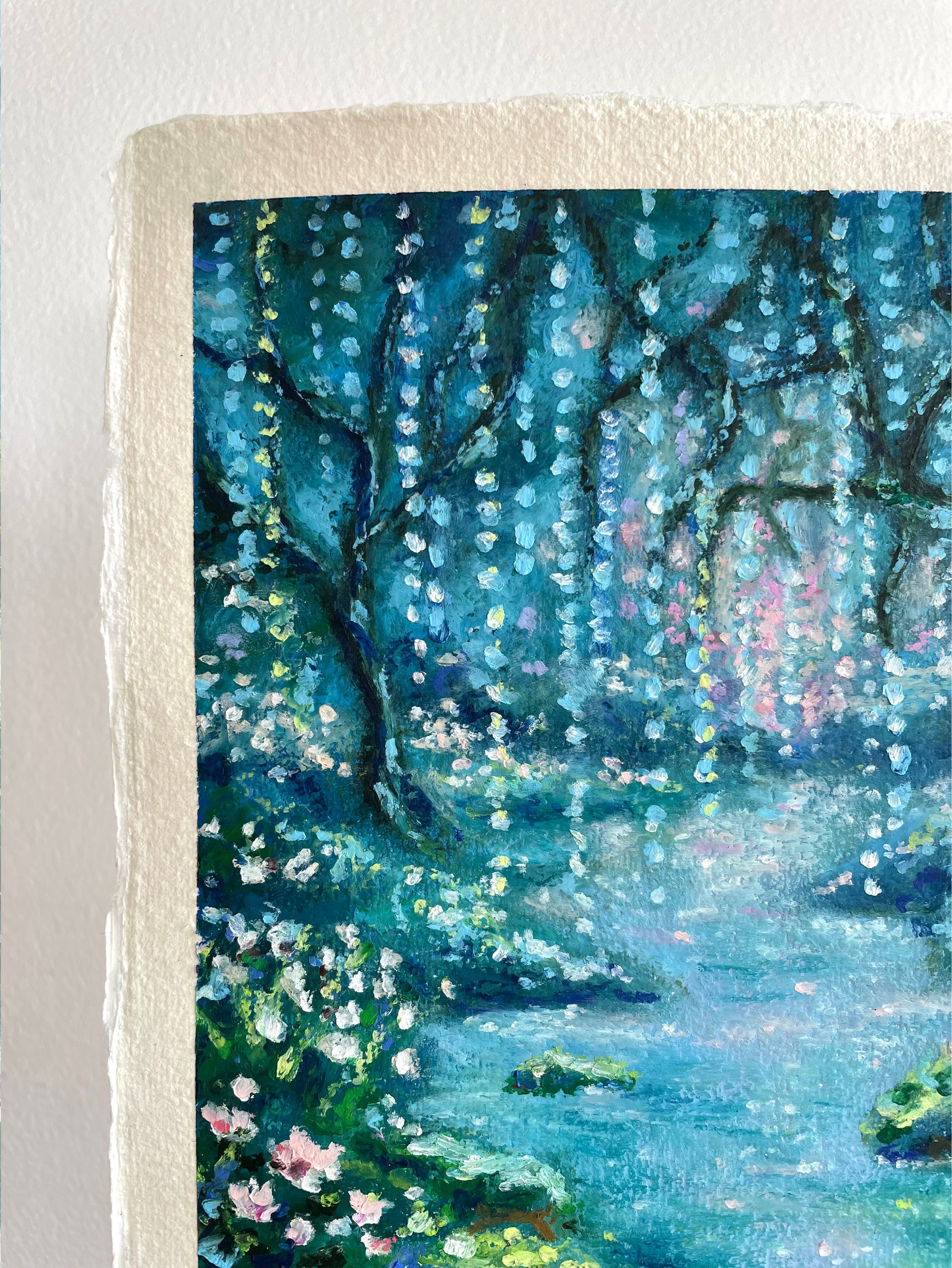 Detail of whimsical oil pastel enchanted forest landscape showing flowing river, wildflowers, and soft atmospheric blue forest tones.