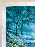 Close-up detail of whimsical oil pastel landscape showing a glowing tree in an enchanted forest with soft pastel textures and magical atmosphere.