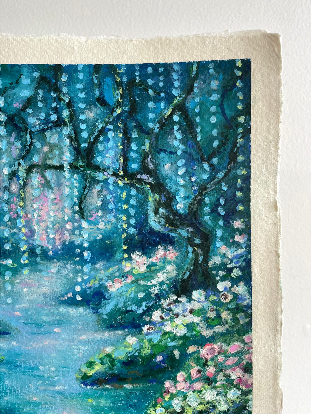 Close-up detail of whimsical oil pastel painting showing weeping willow branches with rich textured strokes and soft blue-toned forest background.