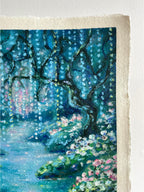 Close-up detail of whimsical oil pastel painting showing weeping willow branches with rich textured strokes and soft blue-toned forest background.