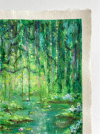 Detailed view of whimsical oil pastel painting of an enchanted green forest with layered trees, rich foliage, and magical woodland atmosphere.