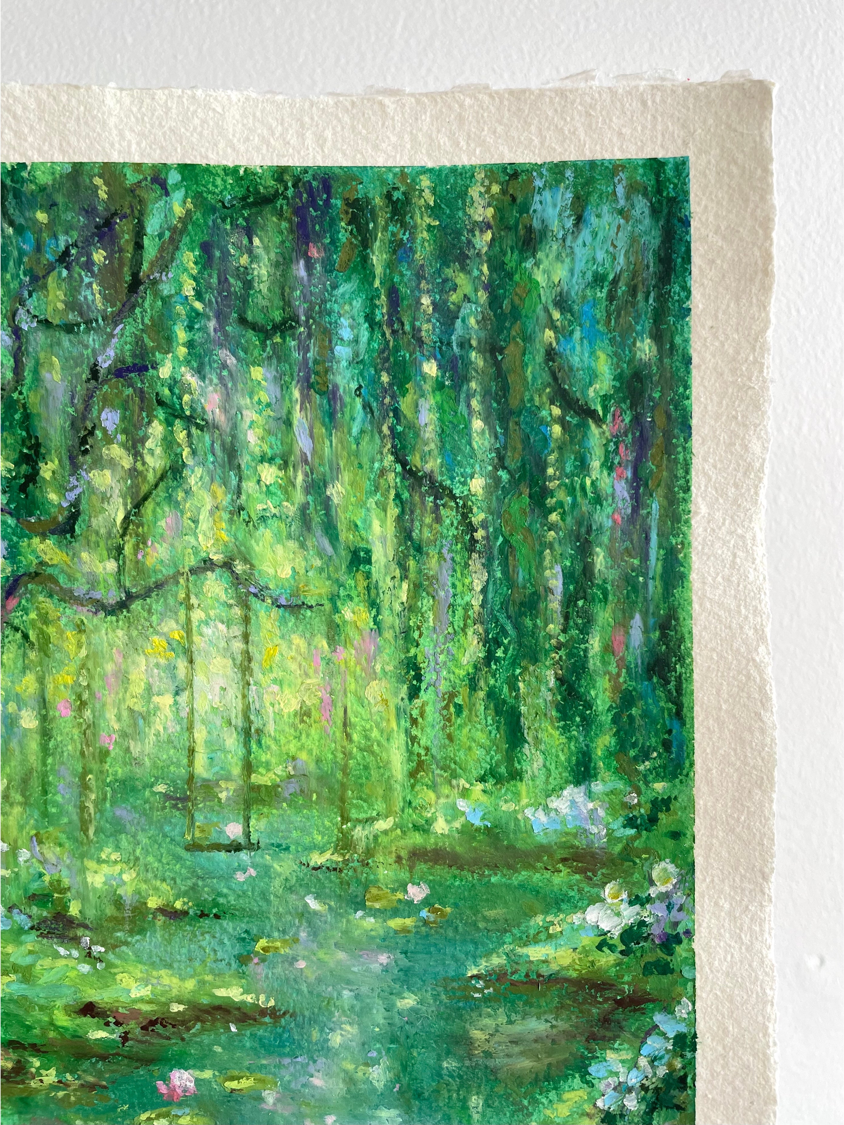 Detailed view of whimsical oil pastel painting of an enchanted green forest with layered trees, rich foliage, and magical woodland atmosphere.