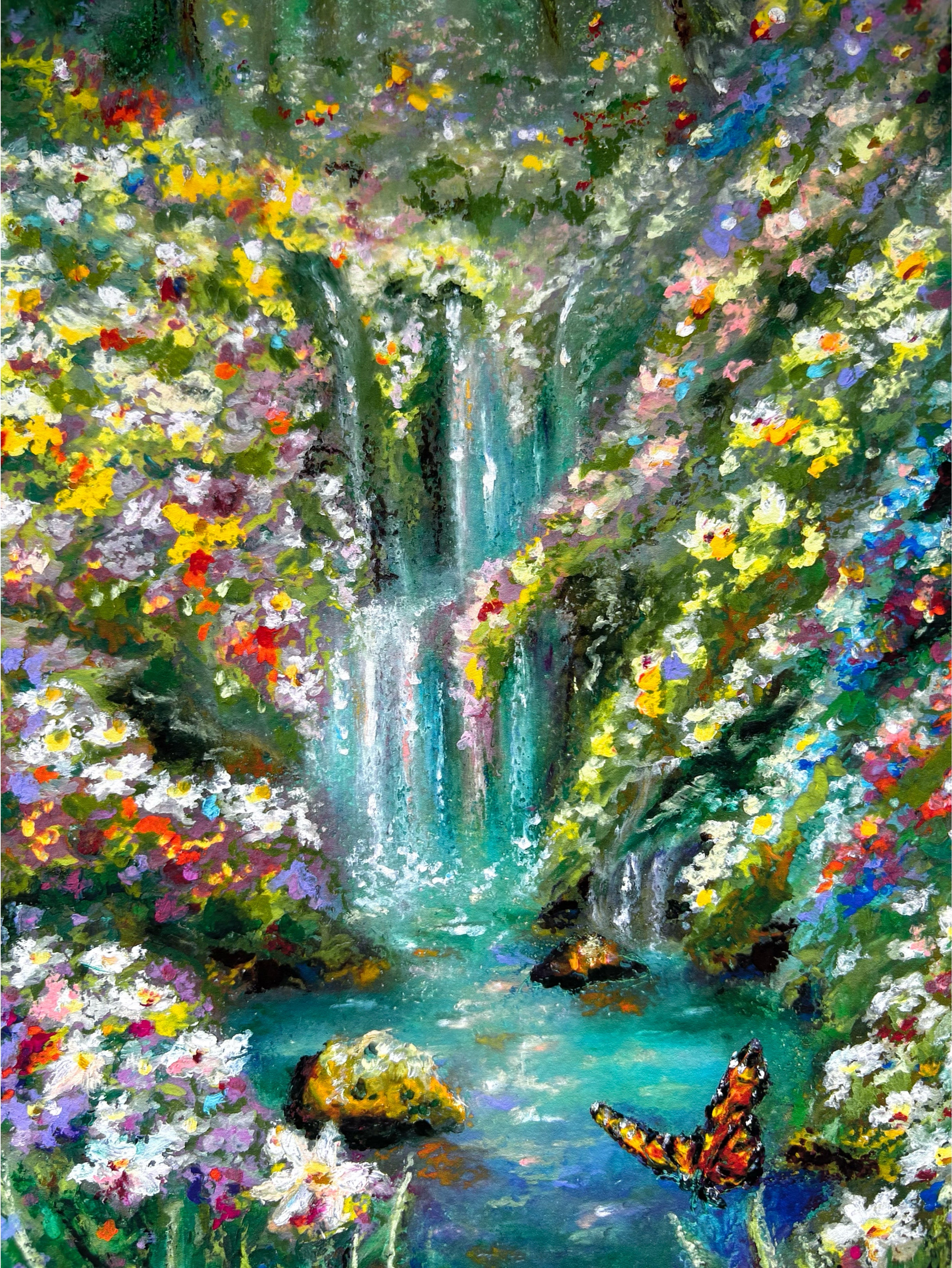 Cropped centered view of whimsical forest giclée print featuring glowing waterfall, turquoise river, butterflies, and colourful wildflower landscape.