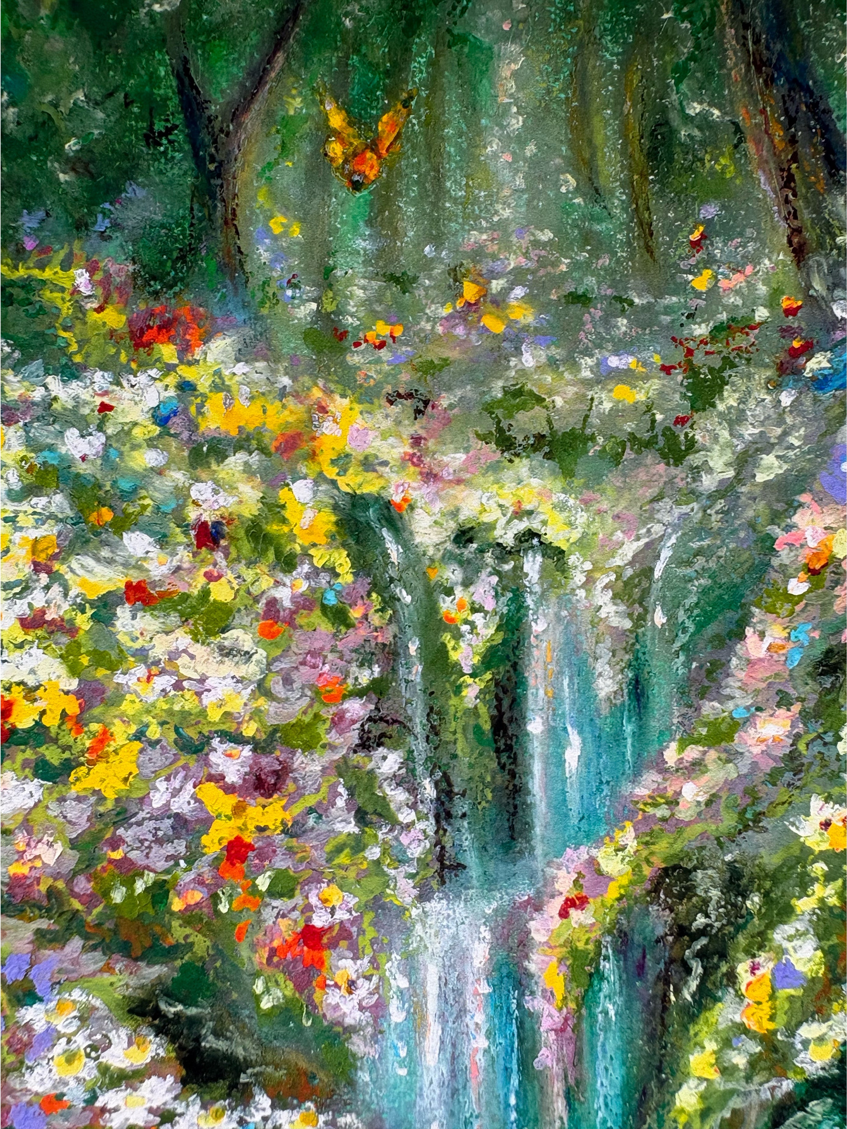 Detailed view of magical waterfall, distant trees, butterfly, and textured wildflowers in whimsical fairytale forest giclée fine art print.