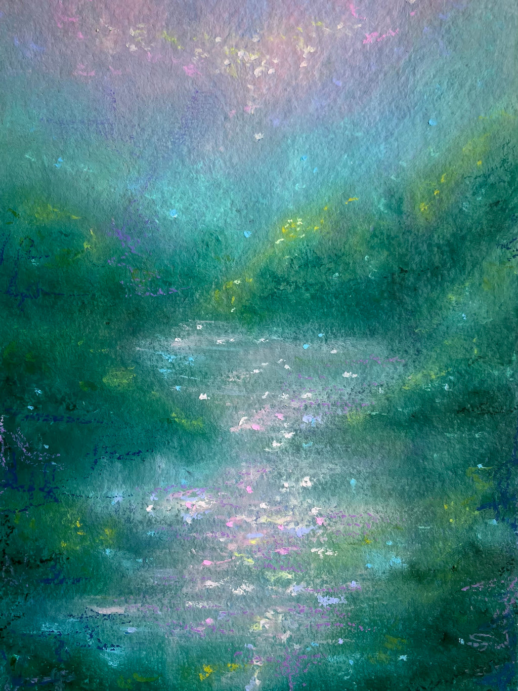 An impressionistic landscape painting featuring a misty teal and green river or lake with soft purple, blue, and yellow highlights reflecting on the water surface.