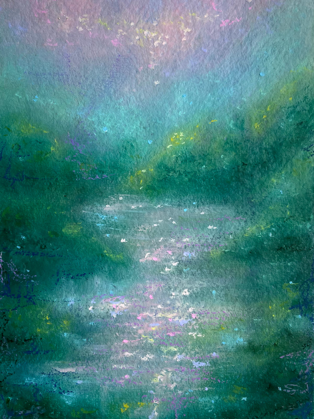 An impressionistic landscape painting featuring a misty teal and green river or lake with soft purple, blue, and yellow highlights reflecting on the water surface.