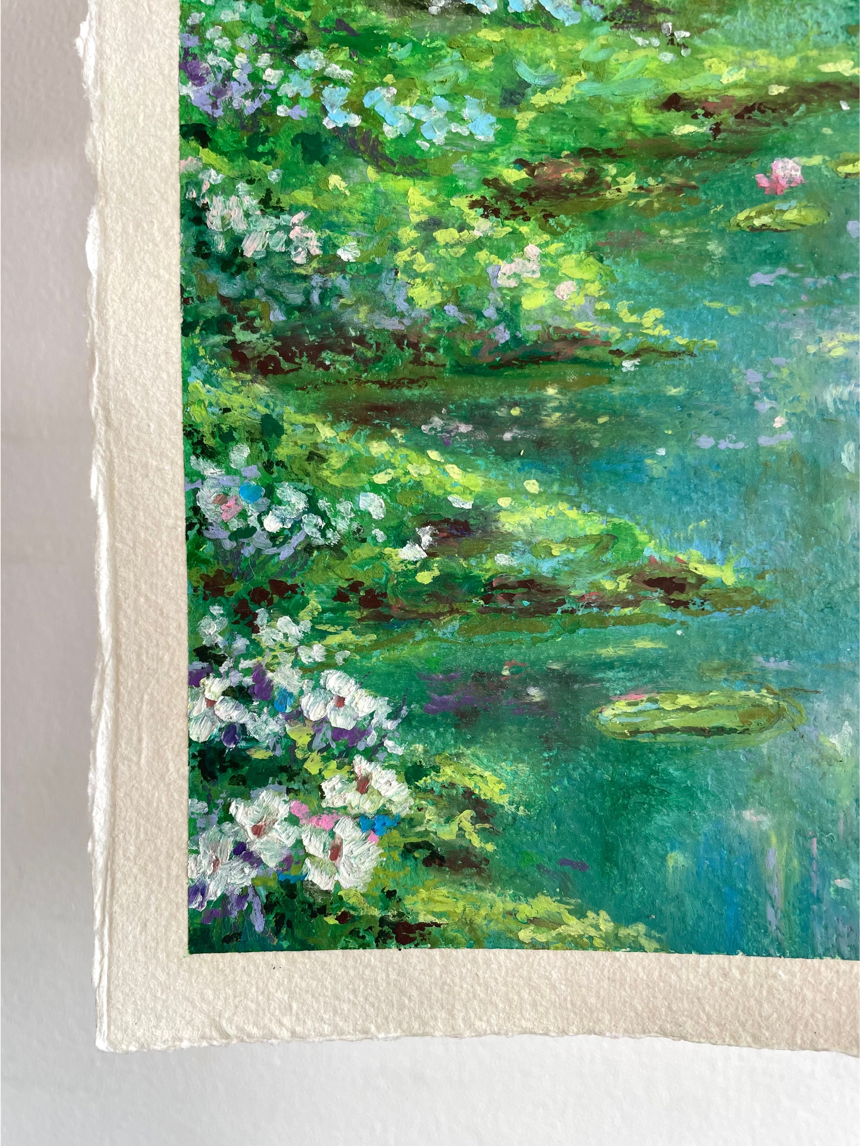 Detailed view of Impressionist oil pastel painting with tranquil water lilies in rich green and blue tones with dreamy reflections and peaceful natural scenery.