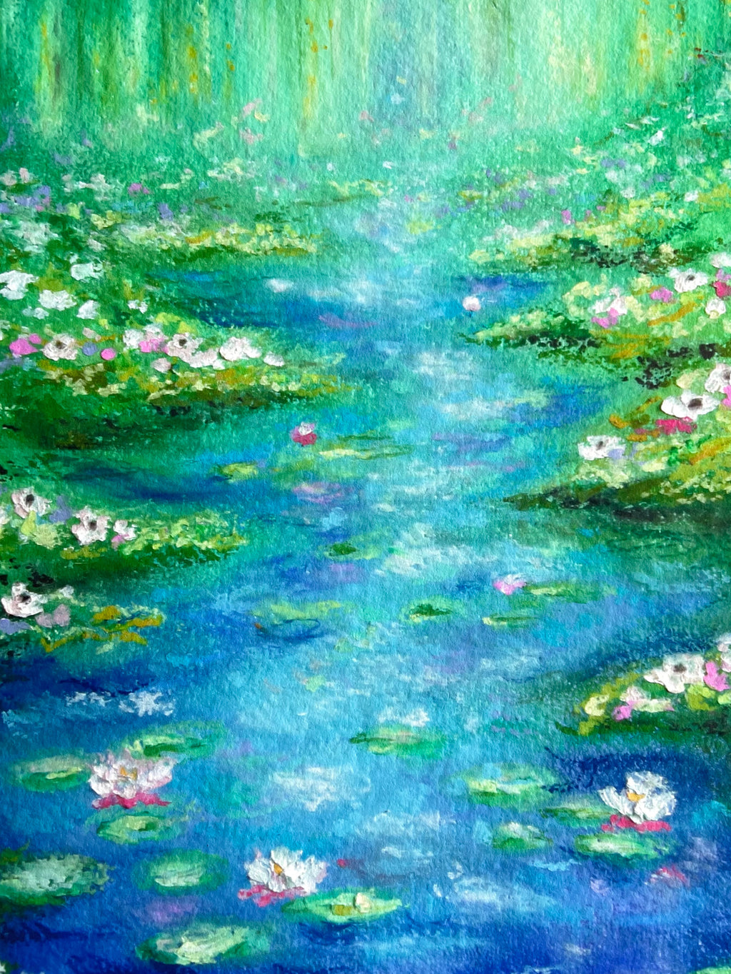 Center detail of whimsical oil pastel pond painting with glowing water lilies, reflective blue water, soft green foliage and sparkling sunlight in an impressionist nature landscape fine art print.