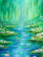 Center detail of whimsical oil pastel pond painting with glowing water lilies, reflective blue water, soft green foliage and sparkling sunlight in an impressionist nature landscape fine art print.