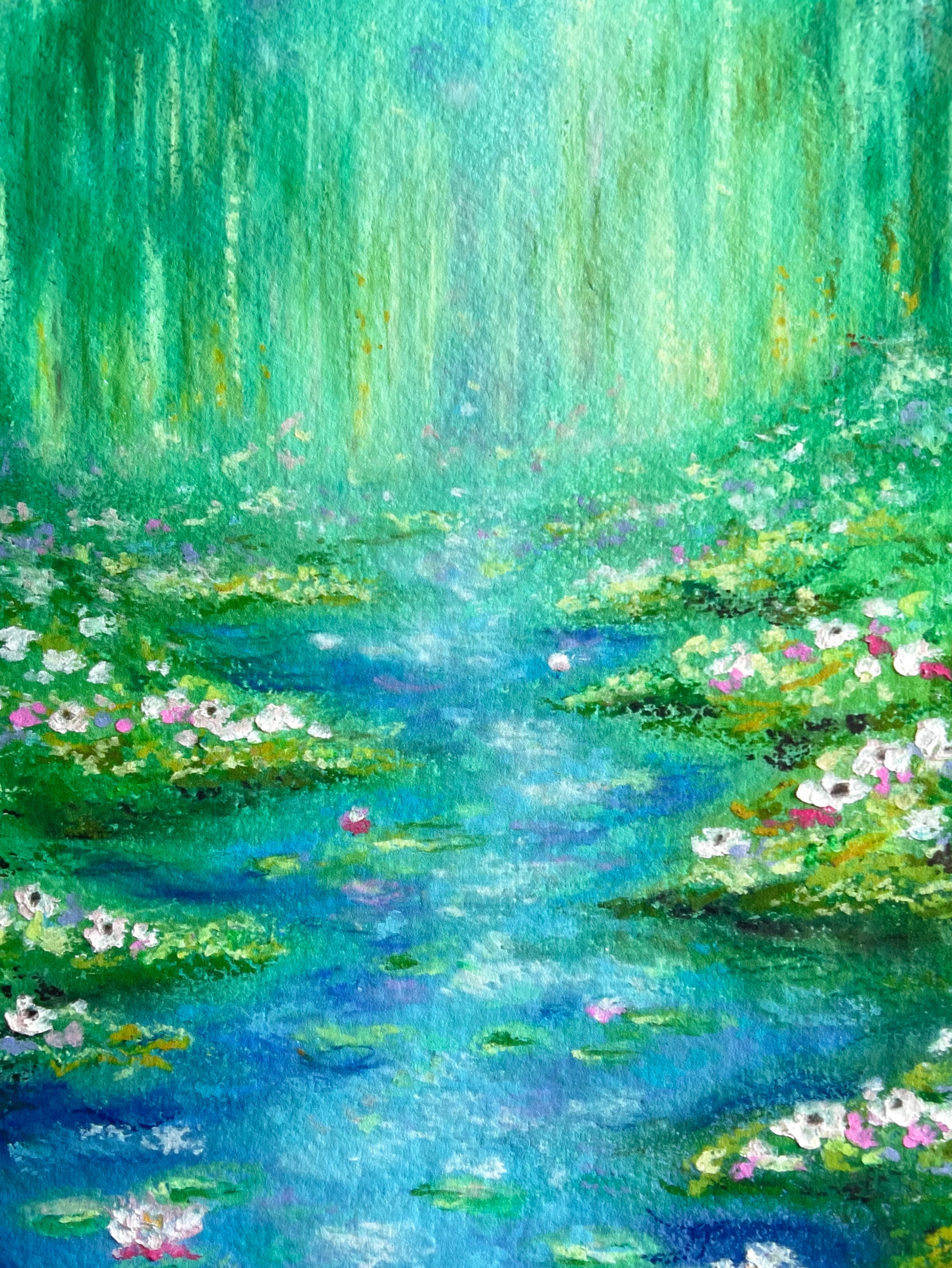Center detail of whimsical oil pastel pond painting with glowing water lilies, reflective blue water, soft green foliage and sparkling sunlight in an impressionist nature landscape fine art print.