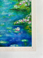 Close-up detail of textured lily pads and blooming water lilies in ‘Lighter Than The Lilies’ fine art print, showing rich impressionist texture and the artist’s hand-signed signature