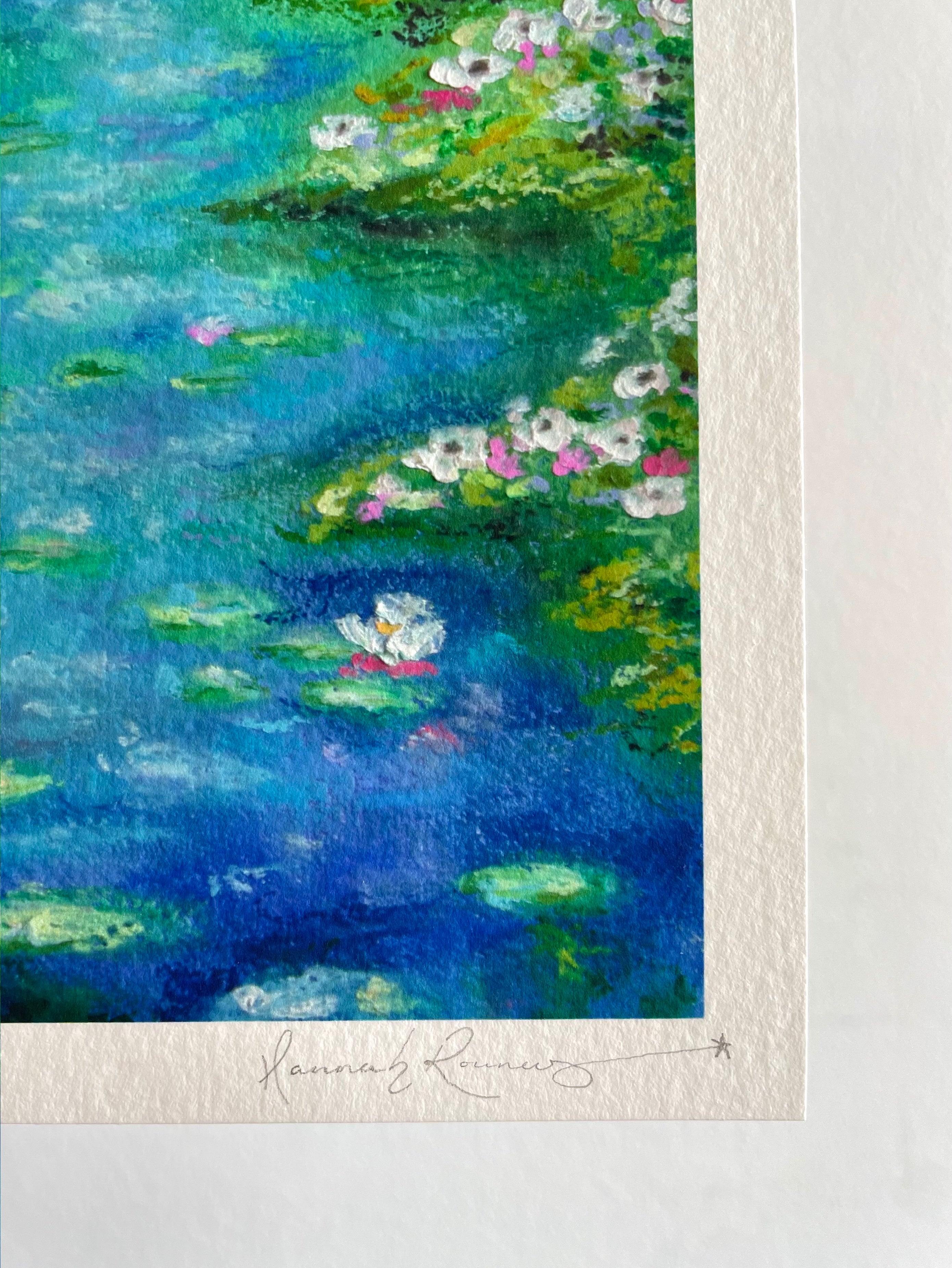 Close-up detail of textured lily pads and blooming water lilies in ‘Lighter Than The Lilies’ fine art print, showing rich impressionist texture and the artist’s hand-signed signature