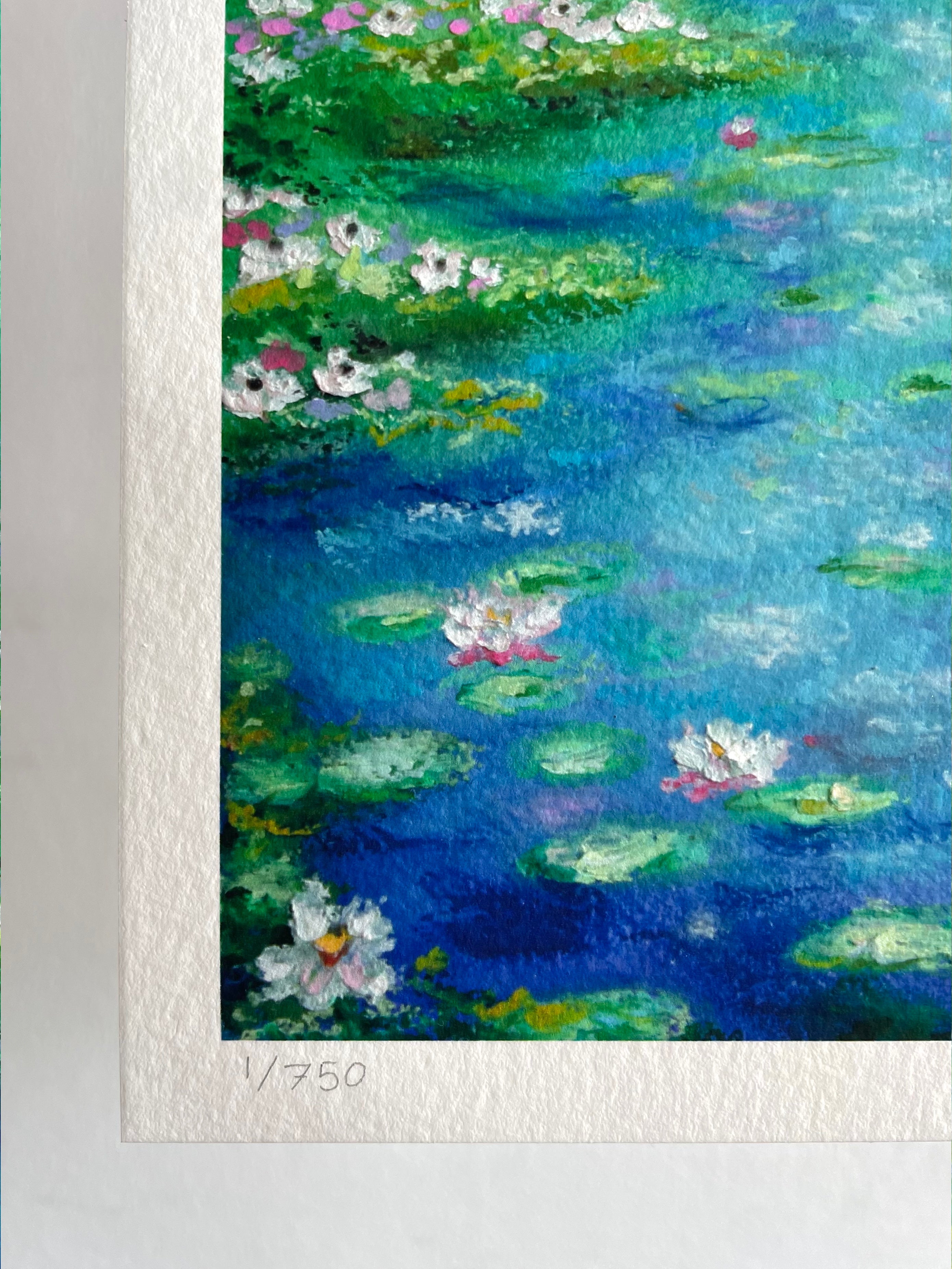 Textured close-up of lily pads and delicate water lilies in a magical fine art print of an original painting with vibrant deep blue water, impressionist oil pastel texture and peaceful nature details.