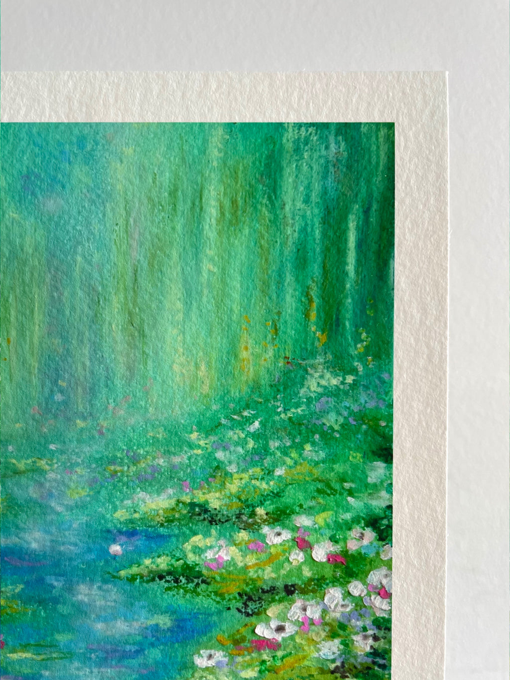 Close-up of soft hazy weeping willow trees in the background of ‘Lighter Than The Lilies’ fine art print - an airy impressionist oil pastel landscape with dreamy sunlight and tranquil turquoise tones.