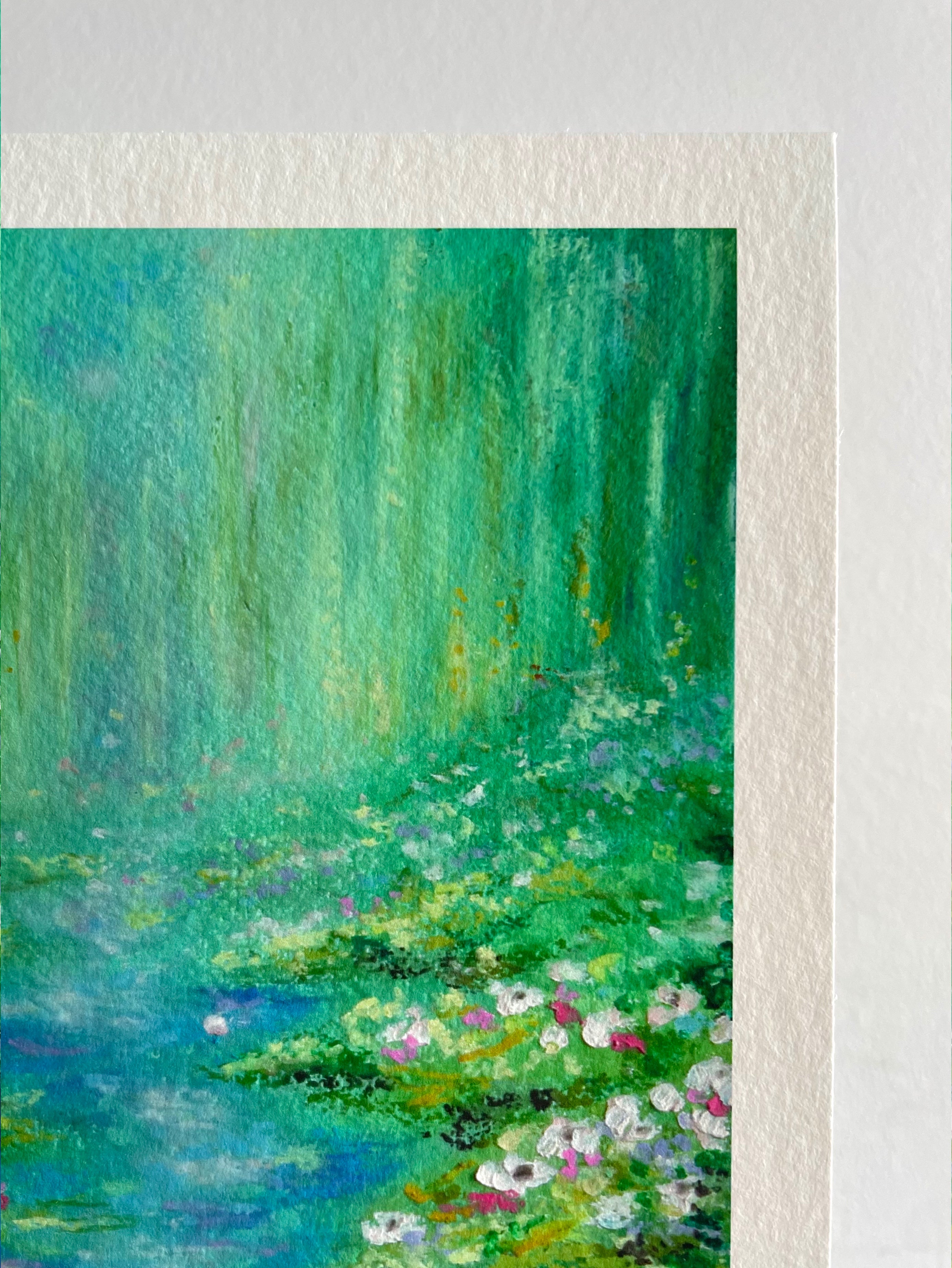 Close-up of soft hazy weeping willow trees in the background of ‘Lighter Than The Lilies’ fine art print - an airy impressionist oil pastel landscape with dreamy sunlight and tranquil turquoise tones.