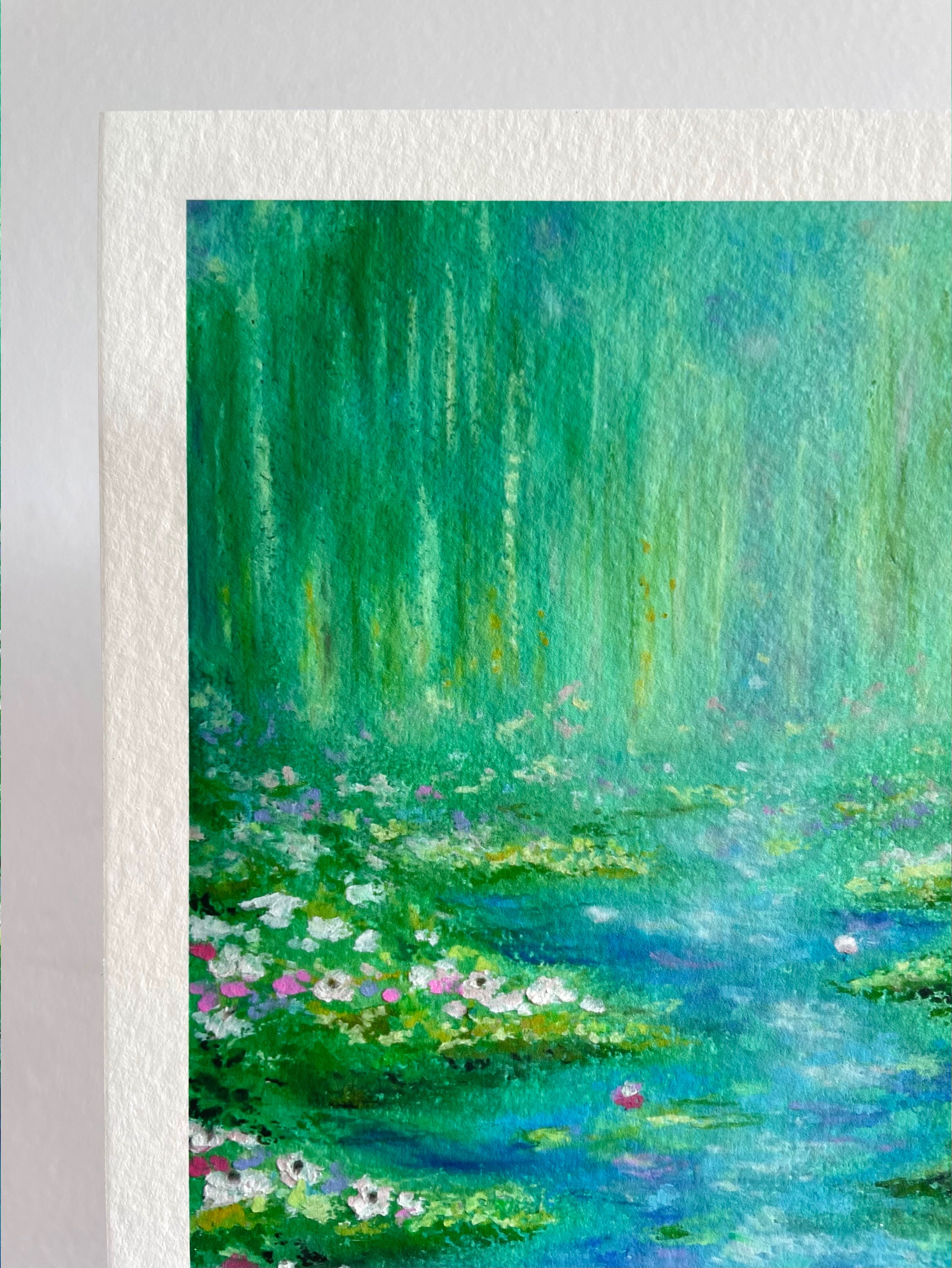 Close-up of soft weeping willow trees and wildflowers in a magical impressionist oil pastel landscape art print, featuring hazy sunlight, airy green tones and whimsical countryside details.