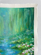 Close-up of soft hazy weeping willow trees in the background of ‘Lighter Than The Lilies’, an airy impressionist oil pastel landscape with dreamy sunlight and tranquil turquoise tones.