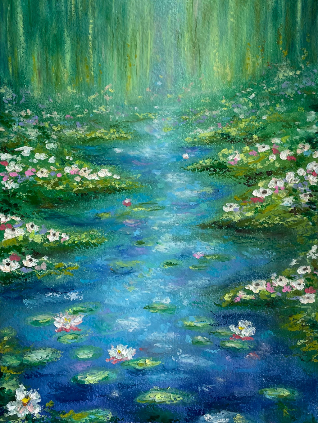 Center detail of whimsical oil pastel pond painting with glowing water lilies, reflective blue water, soft green foliage and sparkling sunlight in an impressionist nature landscape.