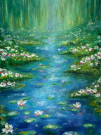 Center detail of whimsical oil pastel pond painting with glowing water lilies, reflective blue water, soft green foliage and sparkling sunlight in an impressionist nature landscape.