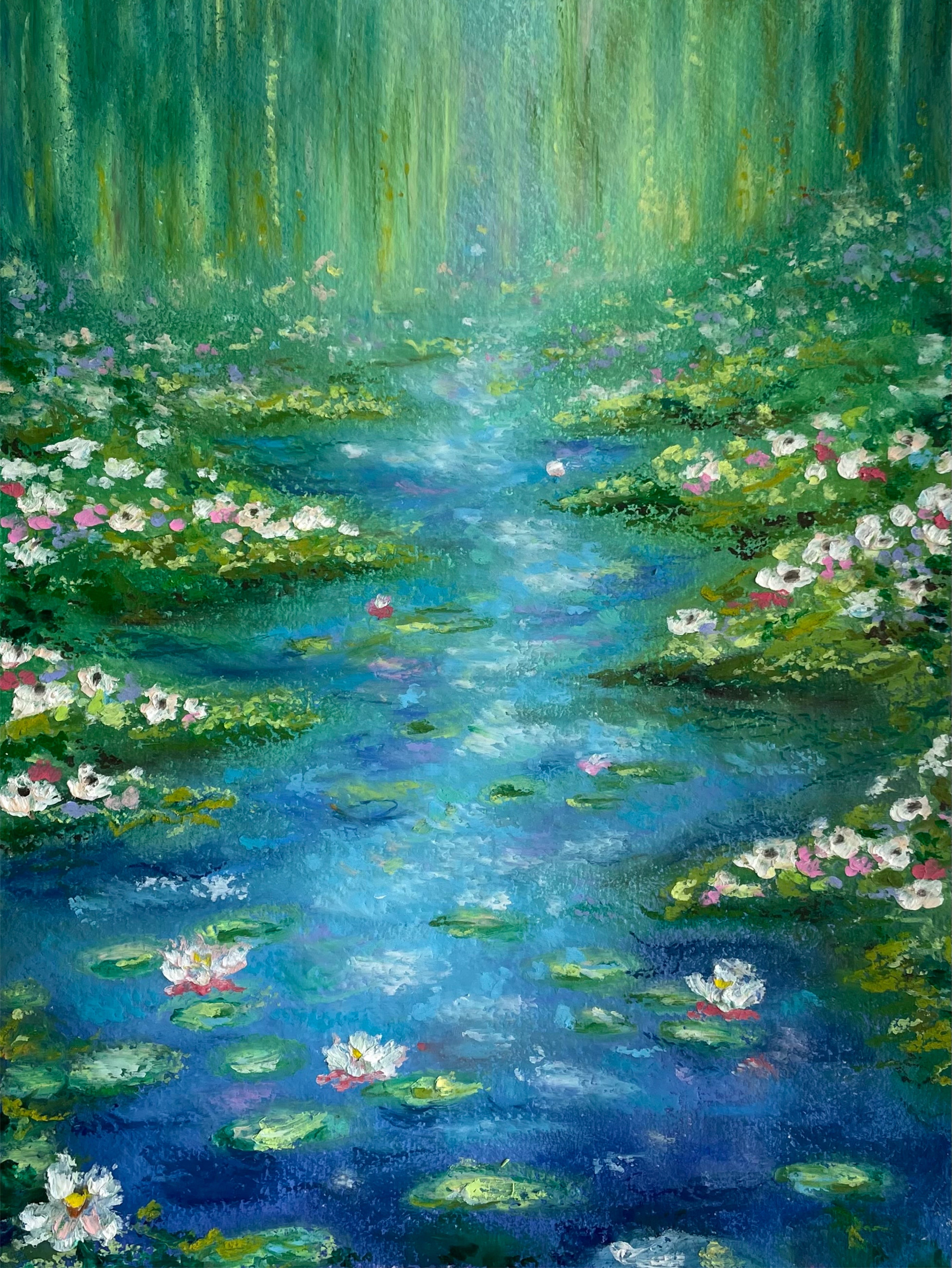 Center detail of whimsical oil pastel pond painting with glowing water lilies, reflective blue water, soft green foliage and sparkling sunlight in an impressionist nature landscape.