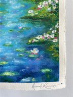 Close-up detail of textured lily pads and blooming water lilies in ‘Lighter Than The Lilies’ original oil pastel painting, showing rich impressionist texture and the artist’s hand-signed signature