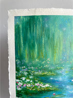 Close-up of soft weeping willow trees and wildflowers in a magical impressionist oil pastel landscape, featuring hazy sunlight, airy green tones and whimsical countryside details.