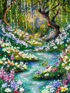 Cropped full view of whimsical “Looking for Wonderland” giclée fine art print featuring enchanted river, butterfly, wildflowers, and dreamy forest landscape.