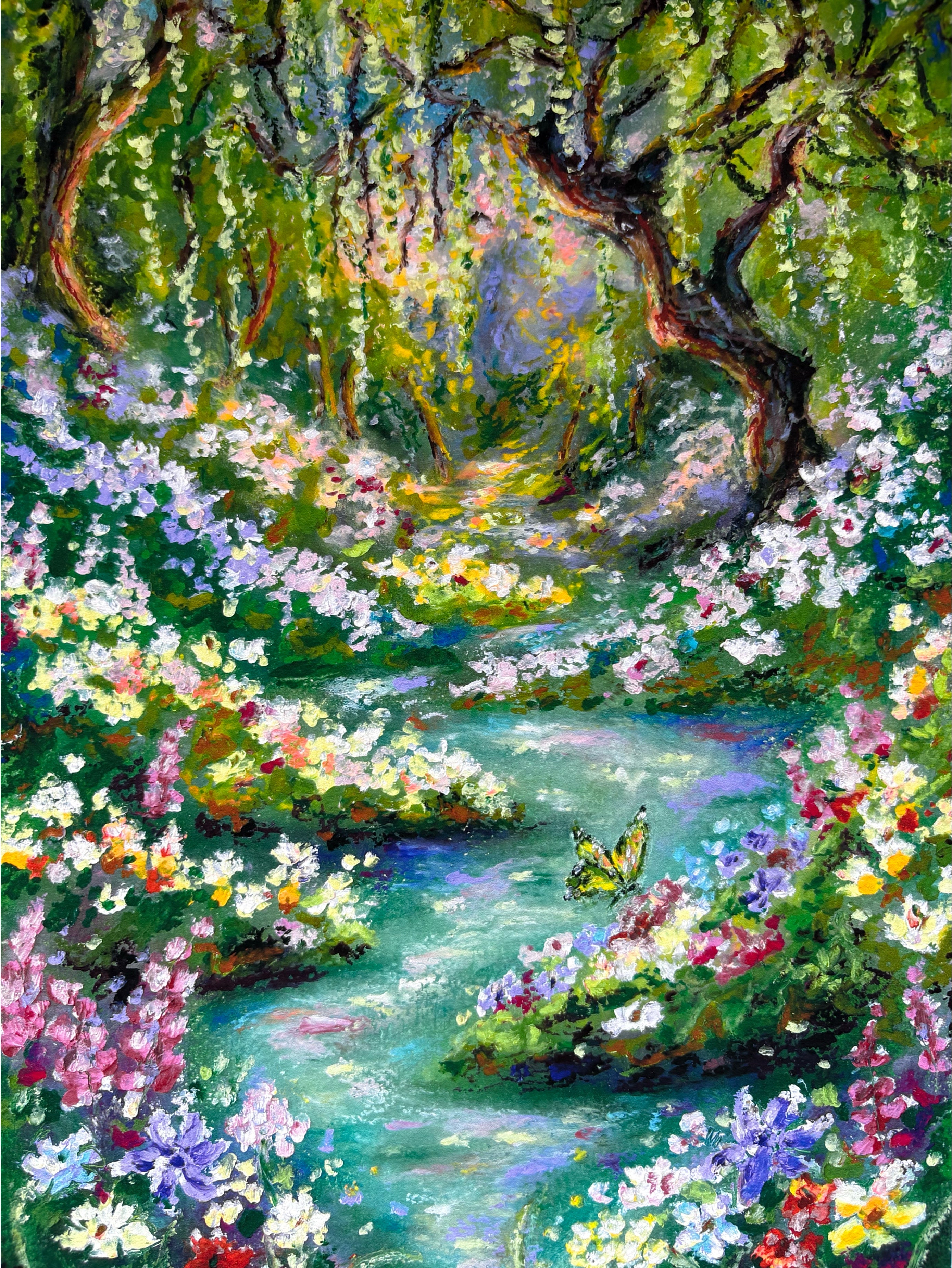 Cropped full view of whimsical “Looking for Wonderland” giclée fine art print featuring enchanted river, butterfly, wildflowers, and dreamy forest landscape.