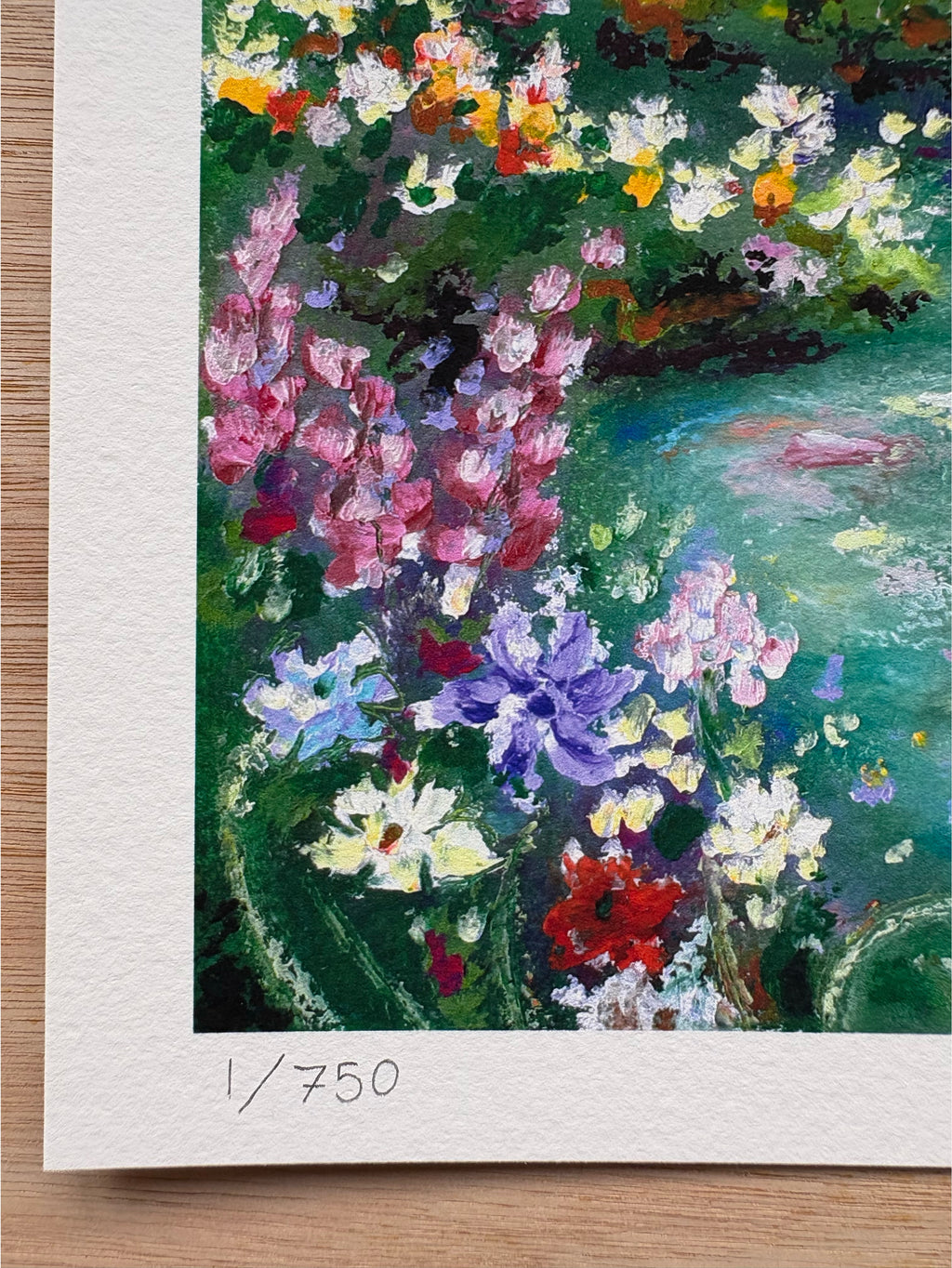 Close-up detail of numbered limited edition giclée print featuring layered wildflowers, grasses, and textured oil pastel blending in a magical landscape scene.