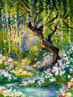 Detailed view of glowing weeping willow in whimsical enchanted forest giclée print with layered green-toned oil pastel texture and magical atmosphere.